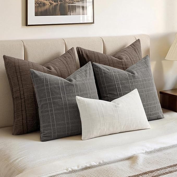 MIULEE Decorative Linen Check Lumar Throw Pillow Covers Neutral Farmhouse Vintage Pillow Covers 18x18 Inch Set of 2 Boho Modern Home Decor for Sofa Couch Bedroom Cushion Chair Charcoal Gray