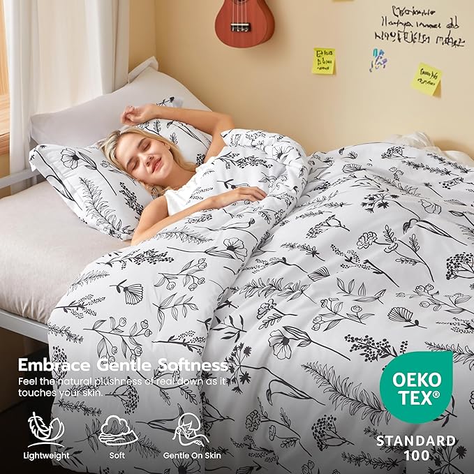 Joiedomi Twin Comforter Set White, 2 Pieces Floral Twin Bedding Set with 1 Soft Reversible Botanical Comforter and 1 Pillow Sham, Bed in a Bag for All Seasons
