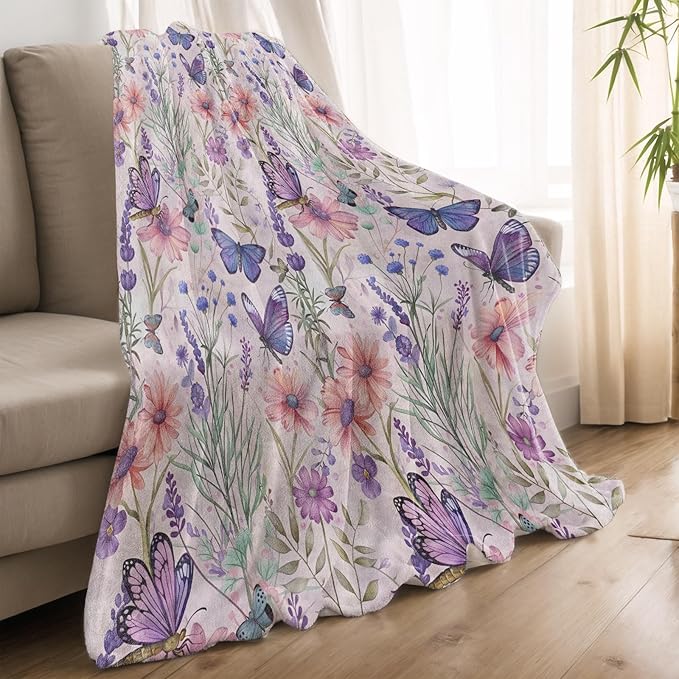 Butterfly Blanket Lightweight Blankets Gifts for Women Flannel Throw with Colorful Floral and Purple Butterflies Printed for Sofa, Bed, Travel, Camping, Office, Rustic Decor Throws 80x60 Inch