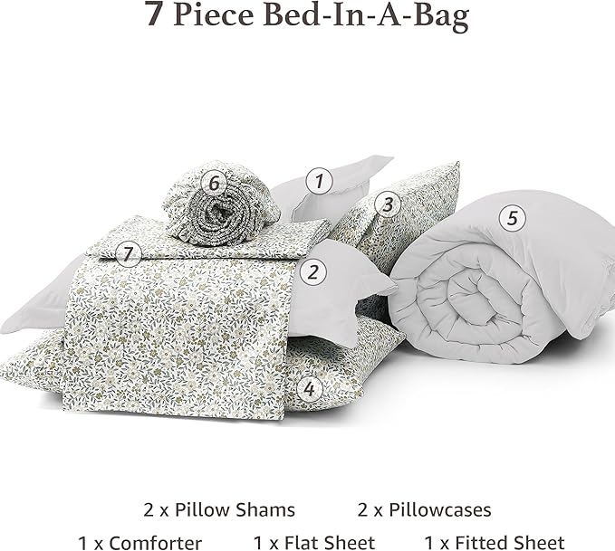 Monbix King Size Comforter Set - 7 Pieces White Prewashed Bed in a Bag King Bedding Sets with Comforters, All Seasons Ultra Soft Comforter Bed Set with Sheets, Pillowcases & Shams