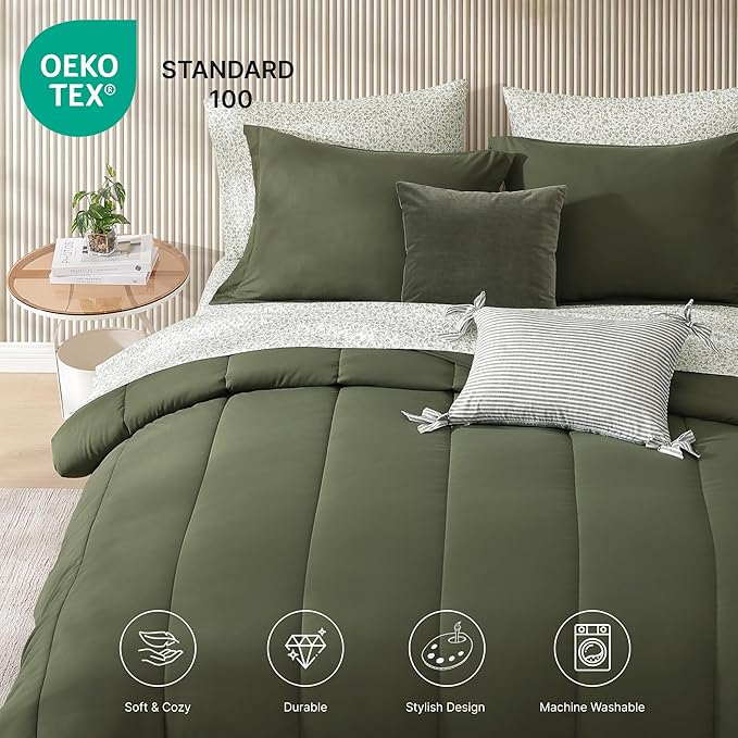 Monbix Full Comforter Set - 7 Pieces Olive Green Bed in a Bag Full Size Track Stitching Bedding Sets, All Seasons Comforter with Sheets, Pillowcases & Shams