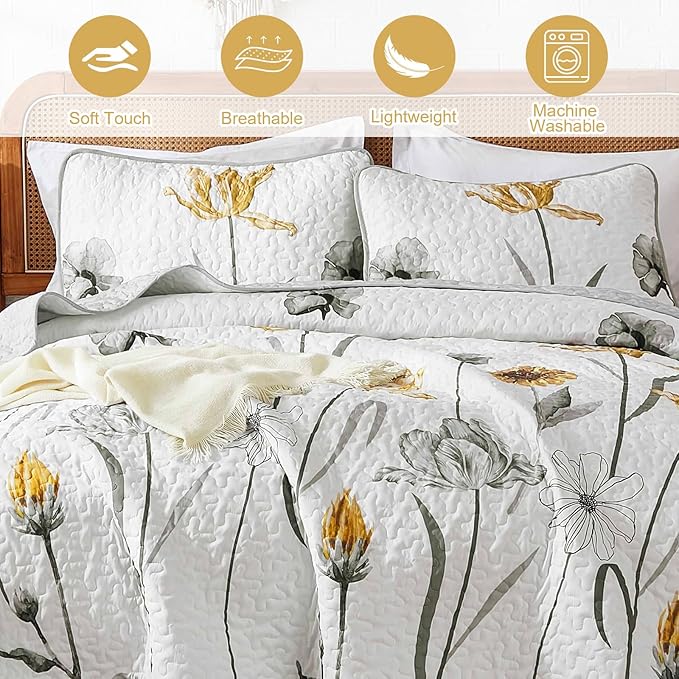 WONGS BEDDING Floral Quilt Set Queen,Grey and Yellow Bedspread Coverlet Bedding Set with 2 Pillowcase,Lightweight Summer Floral Bedding Set for All Season (96"x90")