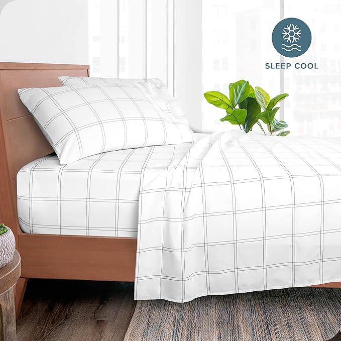 Bare Home King Sheet Set - Luxury 1800 Ultra-Soft Microfiber Double Brushed - Deep Pockets - Easy Fit - 4 Piece Set - Bedding Sheets & Pillowcases (King, Modern Plaid - White/Grey)