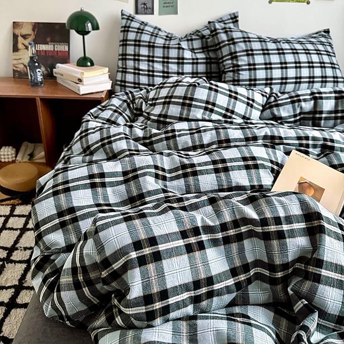 Grey Black Plaid Comforter Set Twin XL, 3 Pieces Modern Style Grid Comforter with 2 Pillowcases, Vintage Plaid Checkered Comforter for All Seasons, Soft Breathable Farmhouse Gingham Bedding Set