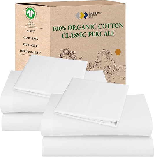 California Design Den 2-Pack Twin XL Sheet Sets - 100% Organic Cotton, Crisp and Breathable Percale Twin XL Bed Sheets, Deep Pockets, Lightweight Bedding Set - White