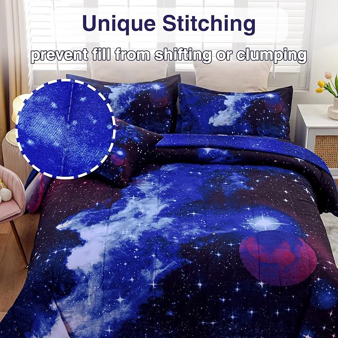 A Nice Night Galaxy 6Pcs Bedding Sets Outer Space Comforter Bed in a Bag 3D Printed Quilt,for Children Boy Girl Teen Kids,Twin 6Pcs