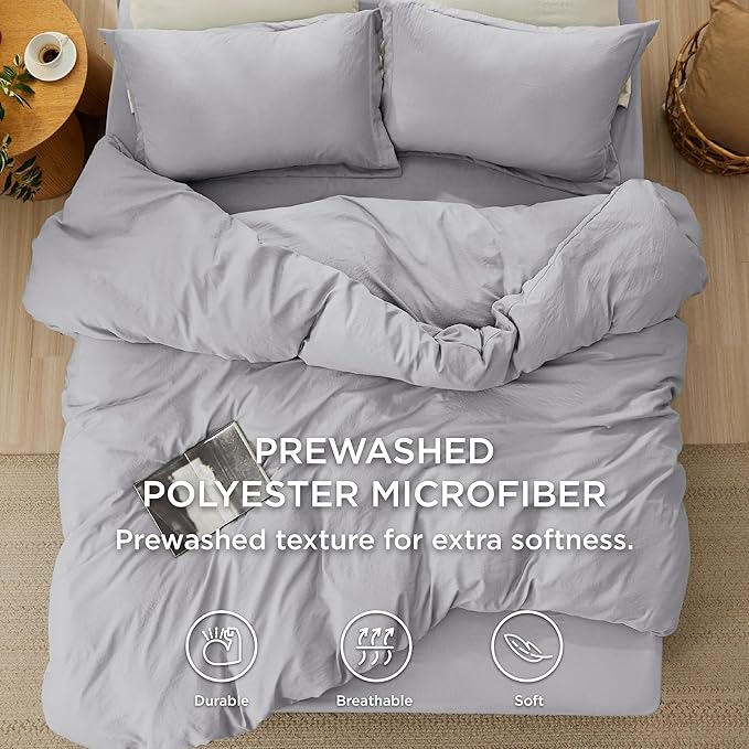 Bedsure Duvet Cover Queen Size with Fitted Sheet - 4 Pieces Prewashed Cotton-Like Polyester Extra Soft Bedding Set, Includes 1 Duvet Cover 90x90 Inches, 2 Pillow Shams, 1 Fitted Sheet, Light Grey