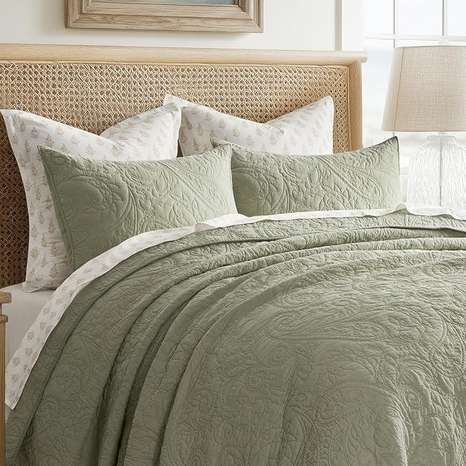 EVERGRACE 100% Cotton Paisley Quilt Set, Queen Size 3 Piece Set – Prewashed Lightweight Bedspread with 2 Shams, Soft & Breathable Matelasse Coverlet for All-Season Comfort, Light Sage Green