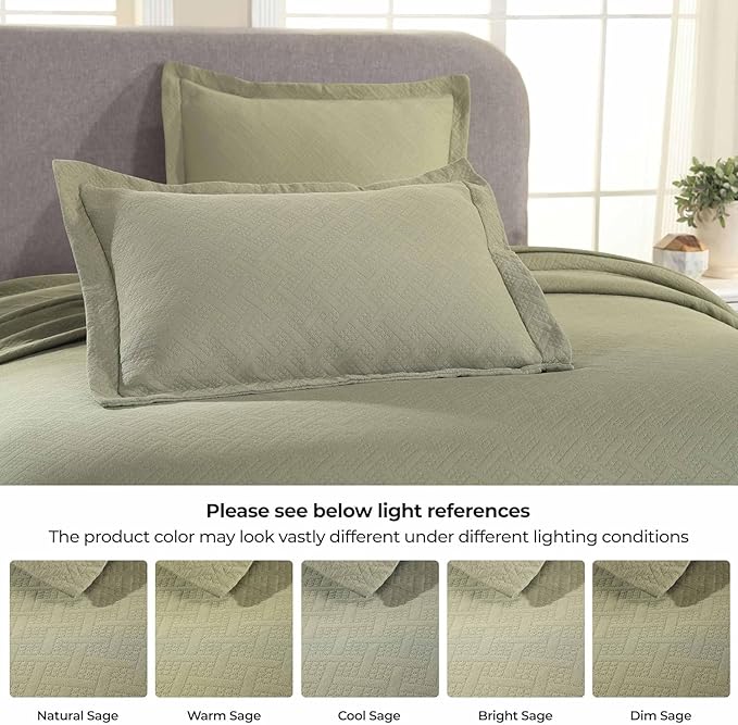 Superior 3 Piece Basketweave Cotton Bedspread Set, Home Bed Decor, Decorative Bed Spread, 2 Pillow Shams, Medium Weight Blanket, Matelasse Coverlet Bedding, Geometric Lattice Pattern, King, Sage