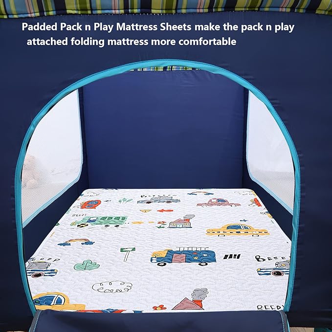 Padded Pack n Play Sheets Breathable Thick Pack and Play Mattress Protector, Quilted 38x26” Playard Sheet Fitted for Graco, Portable Mini Cribs and Foldable Mattress Pad, Soft Playpen Mattresses Cover