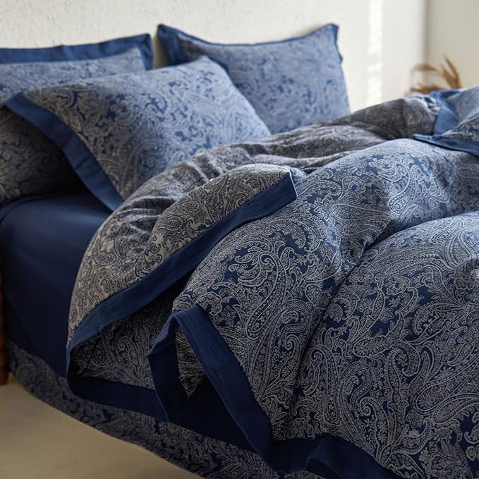mixinni Muslin Cotton Vintage Navy Blue Paisley Floral Duvet Cover Queen Size 3pcs Yarn Dyed Burgundy Jacquard Weave Bedding Comforter Cover Soft Breathable Bedding Sets for All Season-Queen Size
