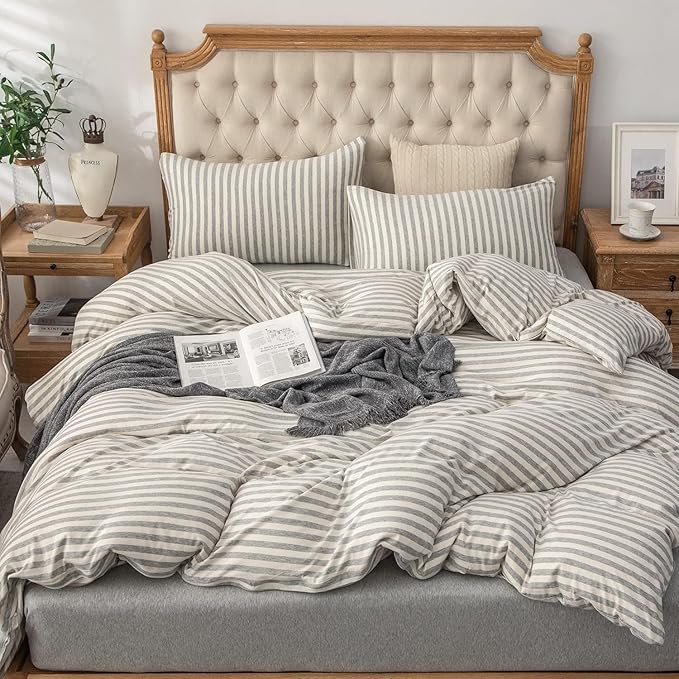 PURE ERA Jersey Knit 2pc Duvet Cover Set 100% T-Shirt Heather Cotton Super Soft Comfy Classic Striped Design, with Zipper Closure, Grey & White Stripe, Twin