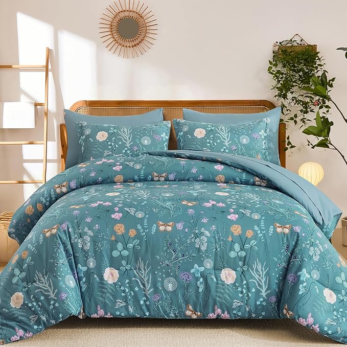 Yiran King Size Comforter Set, 7 Pieces Mineral Blue Floral Soft Bedding Sets, King Bed in a Bag Botanical Flowers All Season Comforter, Sheets, Pillowcases & Shams