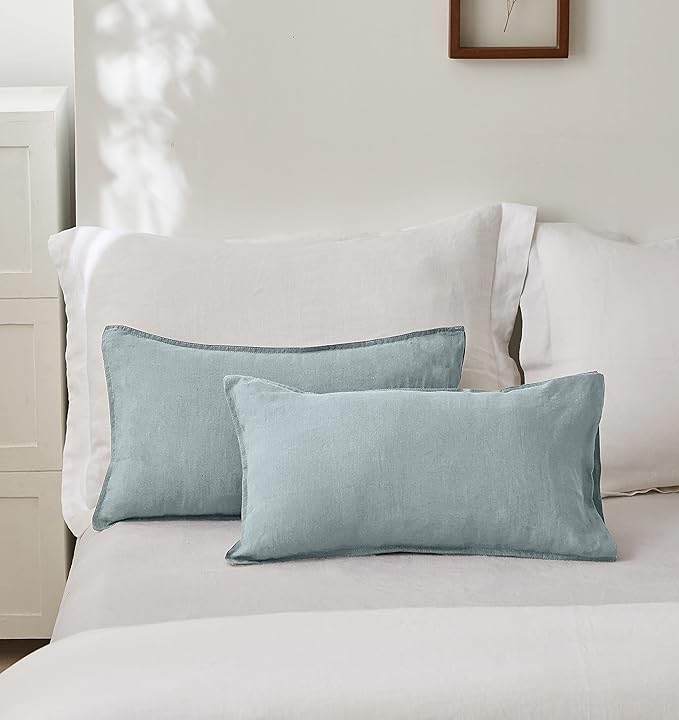 Simple&Opulence 100% Linen Lumbar Pillow Cover 12 x 20 Inches Set of 2 Rectangular Decorative Throw Cushion Cover for Couch Sofa Bed Living Room Office Soft Breathable Farmhouse - Dusty Blue