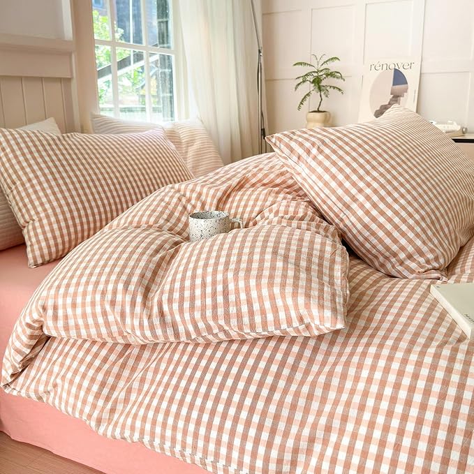 LifeTB Pink Gingham Comforter Set King Modern Style Pink Plaid Comforter Set Fluffy 3 Pieces Grid Checkered Pattern Boho Comforter with 2 Pillowcases Farmhouse Gingham Plaid Bedding Set King