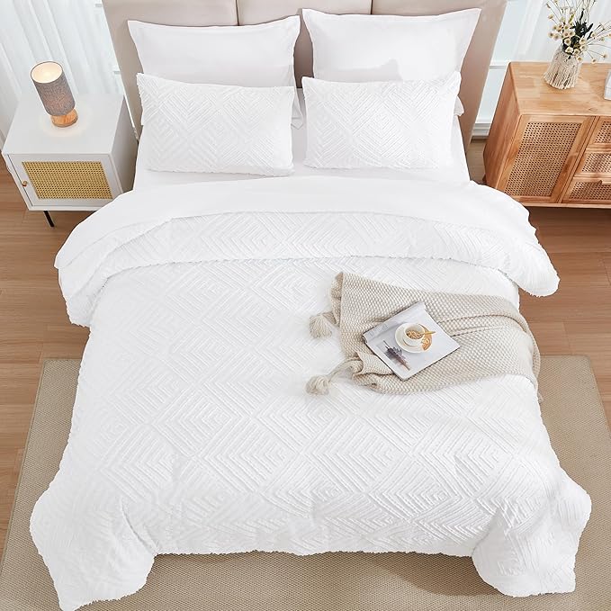 Andency Oversized King Size Comforter Set with Sheets White - 7 Pieces Bed in a Bag Oversized King Boho Tufted Lightweight Bedding Sets with Comforter, Sheets, Pillowcases & Shams