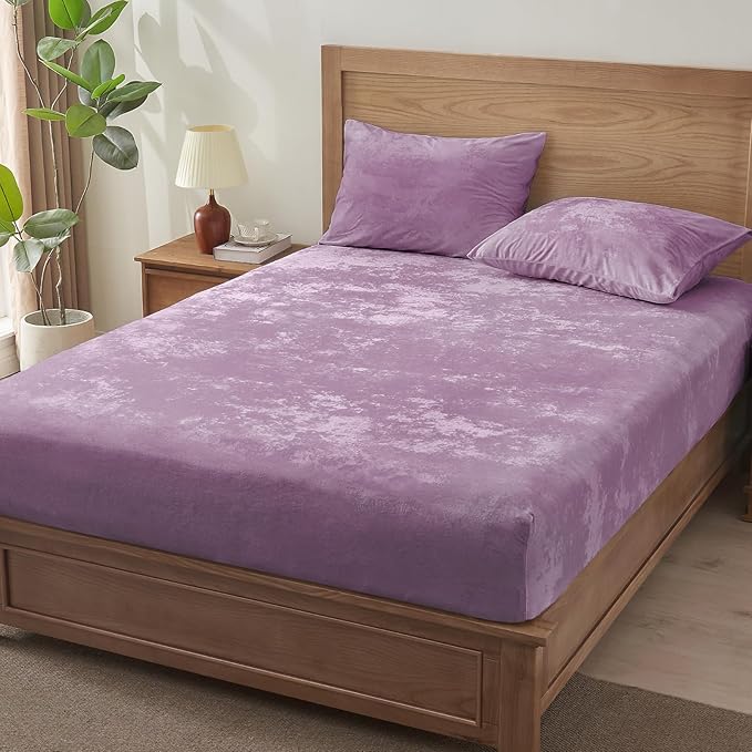 BEDELITE Velvet Fitted Sheet and Pillowcases Set, Luxury Soft Fuzzy Bottom Sheet with Reinforced Elastic Corner Straps, Deep Pocket up to 15 Inch, 1 Fitted Sheet and 2 Pillowcases (King, Lavender)