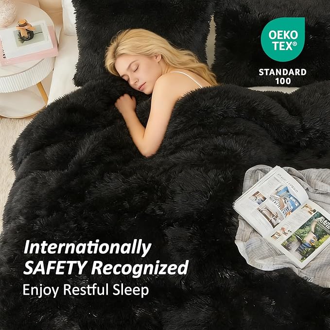 EMME Luxury Fuzzy Duvet Cover Set Twin Size Fluffy Comforter Cover Set for Twin Bed 2 Pieces Shaggy and Plush Soft Bedding Duvet Covers (Black, Twin)