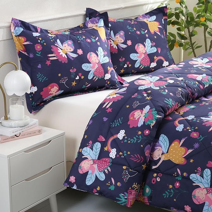JSD Fairy Kids Comforter Set Twin Size, 2 Piece Girls Floral Printed Microfiber Bedding Set, Machine Washable