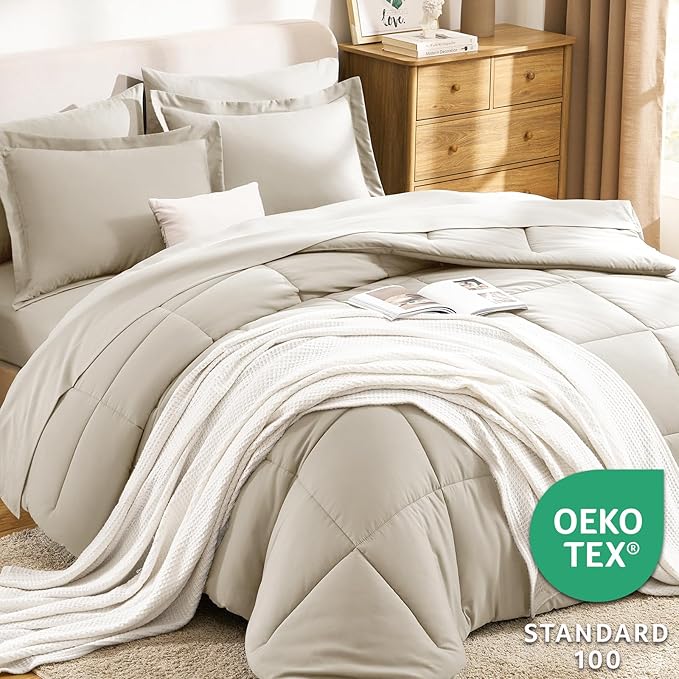 CozyLux Queen Comforter Set Oatmeal - 7 Pieces Bed in a Bag Queen, All Season Breathable Bedding Sets, Oeko-Tex Certified Bed Set with Down Alternative Comforter, Sheets, Pillowcases & Pillow Shams