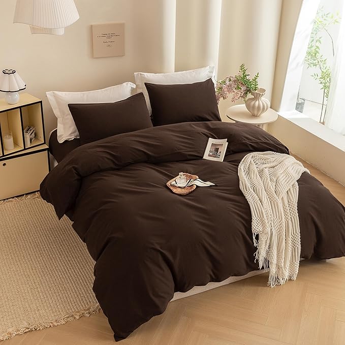 ECOCOTT Duvet Cover King Size -100% Washed Cotton Linen Like Textured Breathable Durable Soft Comfy Bedding Set with Zipper Closure & Corner Ties Chocolate Brown