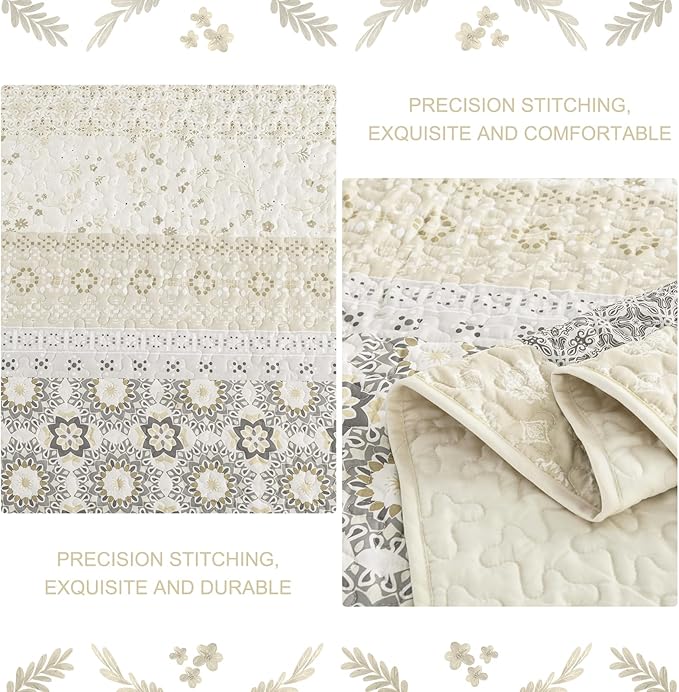 WONGS BEDDING Boho Quilt Set Full Size,Beige Bohemian Striped Patchwork Bedspread Set,3 Pieces Microfiber Bedding Set for All Seasons (78"×90")