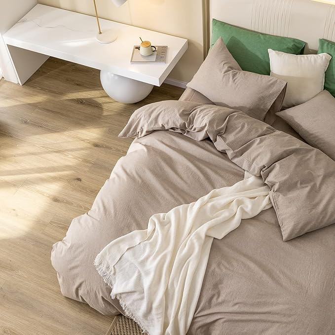 JIYUAN 100% Washed Cotton Duvet Cover Set Comfy Simple Style Soft Breathable Textured Durable Linen Feel Bedding for All Seasons King, Taupe