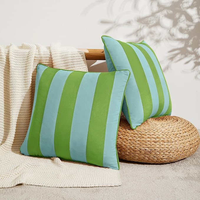MONDAY MOOSE Decorative Throw Pillow Covers Cushion Cases, Set of 2 Soft Velvet Striped Piping Edge Designs, Pillow Inserts Not Included (16x16 inch, Light Green/Light Blue)