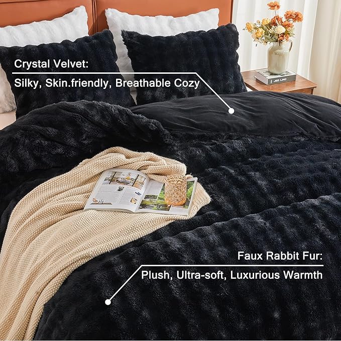 EMME Faux Fur Duvet Cover Twin Size, 2 Pieces Ultra Soft Fluffy Comforter Cover, Cozy Warm for Winter, Luxury Elegant Shaggy Bubble Design Bedding, 1 Duvet Cover & 1 Pillow Shams (Twin, Black)