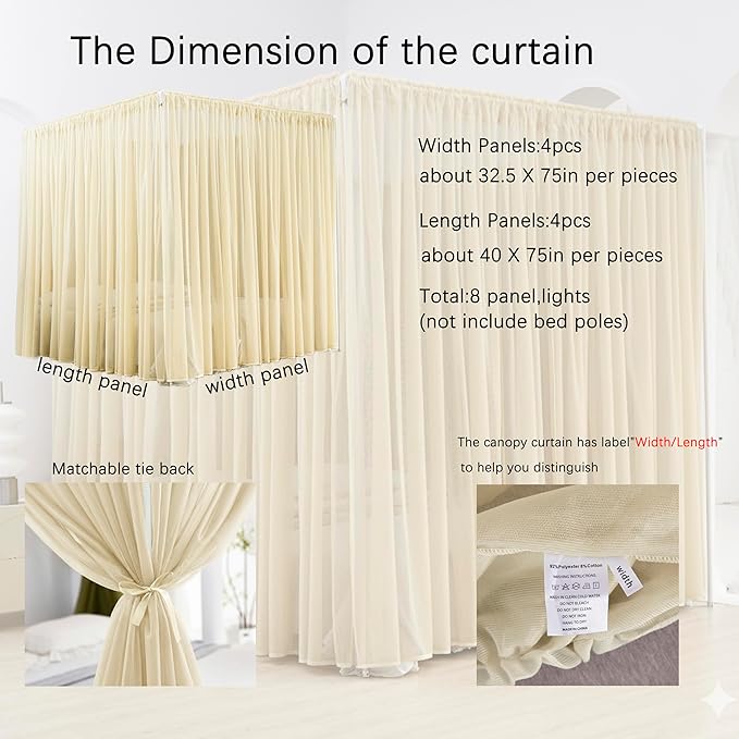 Akiky Canopy Bed Curtains 8 Panel Bed Curtains Drapes for Full Queen Size Bed Sheer Canopy Bed Drapes with Lights(Khaki)