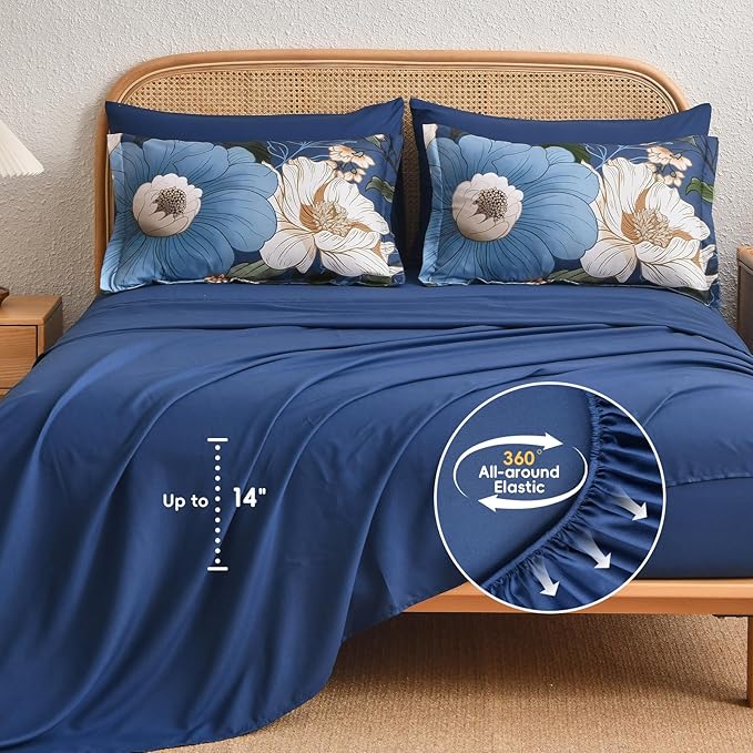 Xruibed Retro Navy Blue Floral Comforter Set Queen Size 7 Pieces Bed in a Bag Navy Floral Comforter Flower Bedding Sets Lightweight Boho Bed Set with Sheet, Pillowcases&Shams for All Season