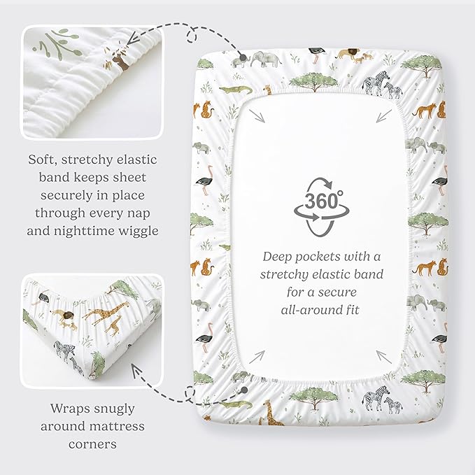 Pack and Play Sheets Fitted, Mini Crib Sheets for Graco Pack N Play Playard (38x26), Ultra Soft Organic Cotton Blend, Safe & Snug Playpen Mattress Sheet for Baby Boys & Girls, Safari Adventure, 2-Pack