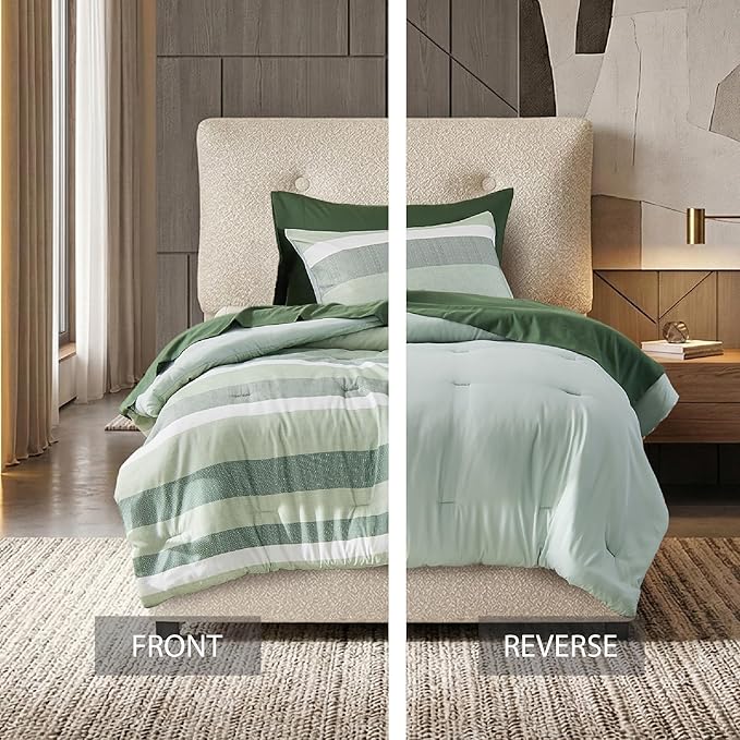 Twin Size Striped Comforter Set, Soft Microfiber Reversible Bedding Sets for All Season 5 Pieces Bed in A Bag Set with Comforter, Sheets, Pillowcase & Sham, Sage Green