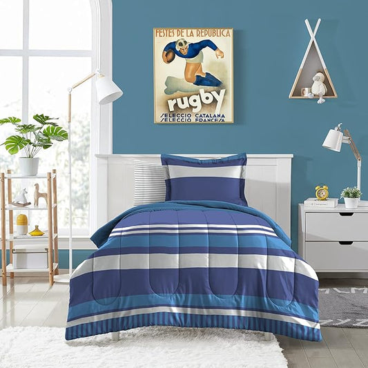 Dream Factory Kids 7-Piece Complete Bed Set Easy-Wash Super Soft Microfiber Comforter Bedding, Full, Blue Rugby Stripe,2D872702BL