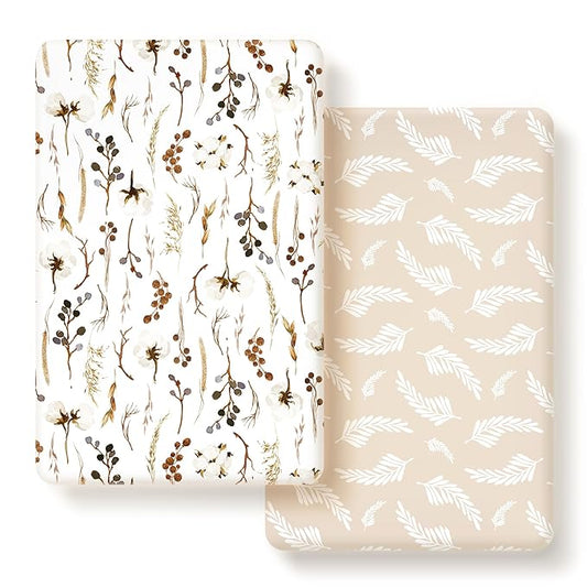 GRSSDER Stretchy Ultra Soft Jersey Knit Fitted Pack n Play Sheets Set 2 Pack, Neutral Portable/Mini Cribs Sheets, Fit Playards Mattress Pads Safe and Snug, Stylish Pretty Flora for Baby, Beige