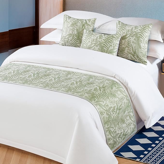 OSVINO Floral Bed Scarf 100% Microfiber Elegant Fade Resistant Bed Runner Bedspread Slipcover Bedding Decor for Wedding Room Bedroom, Green, Queen