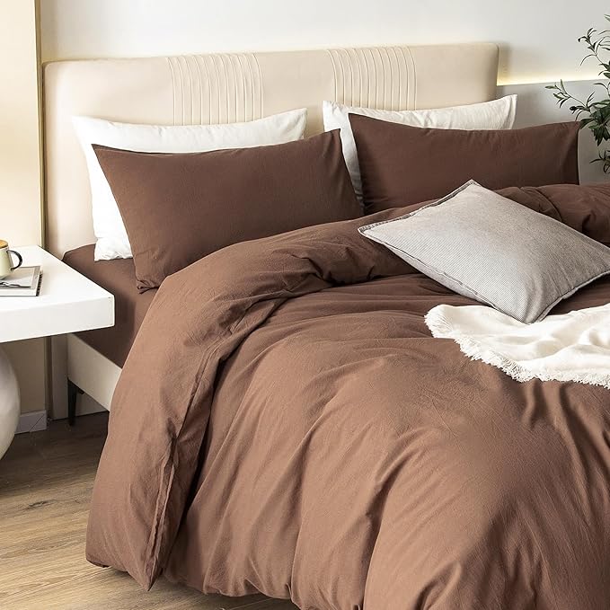 JIYUAN 100% Washed Cotton Duvet Cover Set King Size 3 Pieces, Linen Feel Soft Breathable Bedding Set with Zipper Closure, 104x90 Duvet Cover (Comforter Not Included) & 2 Pillowcases, Chocolate Brown