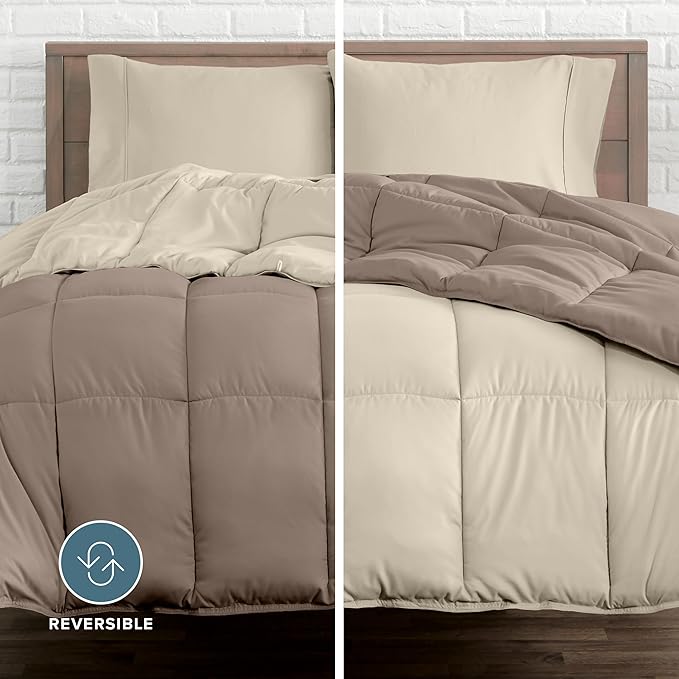 Bare Home Reversible Bed-in-A-Bag Comforter & Sheet Set - Twin - Down Alternative - Soft - Bedding Set (Twin, Taupe/Sand, Sand)