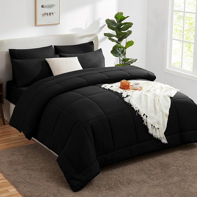 CozyLux Queen Comforter Set Black, 7 Pieces Bed in a Bag, Black Comforter Queen Size, All Season Bedding Sets with Stitch Quilted Comforter, Flat Sheet, Fitted Sheet, Pillowcases (Pack of 2)