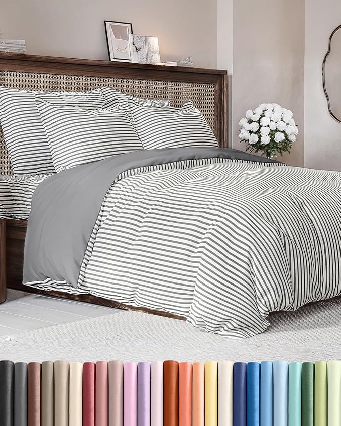 Duvet Cover Queen Size - Extra Soft Queen Size Duvet Cover - Lightweight, Breathable, Easy Care & Fade Free w/ Zipper Closures & Ties - 90" x 90" Inches - (Grey Stripes 2) Comforter Not Included