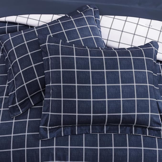 Plaid Twin XL Comforter Set Dark Blue, Reversible Checkered Bedding Set 5 Pieces for Boys Girls Teen, Lightweight Bed in a Bag for Dorm with Sheets, Pillowcase & Sham