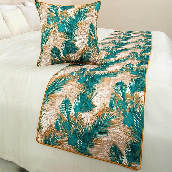 The HomeCentric King/Queen/Twin Green Decorative King 90"x18" Bed Runner Without Pillow Cover, Plam Leaves & Quilted Bed Scarf on Satin Fabric - Palms