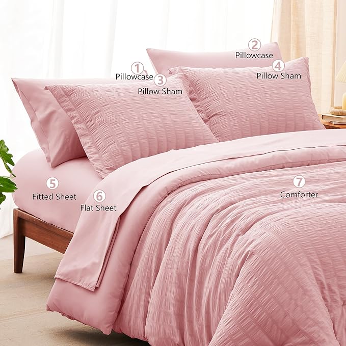 CozyLux Queen Comforter Set Pink Seersucker 7 Pieces Bed in a Bag Queen Comforter Set with Sheets, Luxury Soft Bedding Set with Down Alternative Comforter, Sheets, Pillowcases & Shams All Seasons