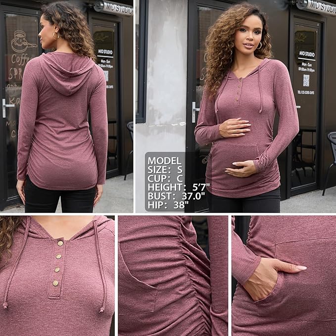 Bhome Maternity Hoodies Button Front Drawstring Hooded Shirt Long Sleeve Pullover Lightweight Sweatshirt with Kangaroo Pocket
