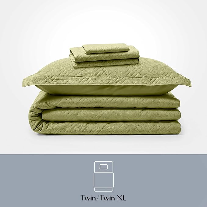 Hearth & Harbor Twin Quilt Set – All-Season Lightweight Bedspread & Coverlet with Pinsonic Weave - 5 Piece Twin Quilt Set with Pillow Shams, Olive Green - Twin Diamond