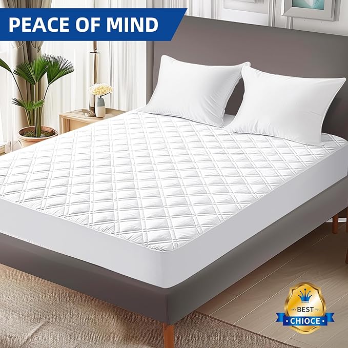 Padded Full Mattress Protector, Breathable Waterproof Mattress Pad Cover Fitted Deep Pocket 8"-21", Soft Noiseless Mattress Cover Washable Cooling for Home Hotel Bedroom, White