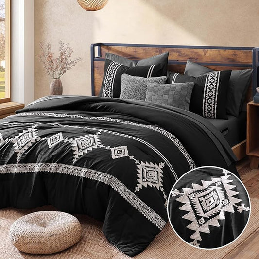 MaiRêve Embroidery Comforter Set, Boho Farmhouse Western Bedding Set, All Season Bed in A Bag Comforter Set with Sheets, Pillowcases & Shams, Black Full 7 Pieces