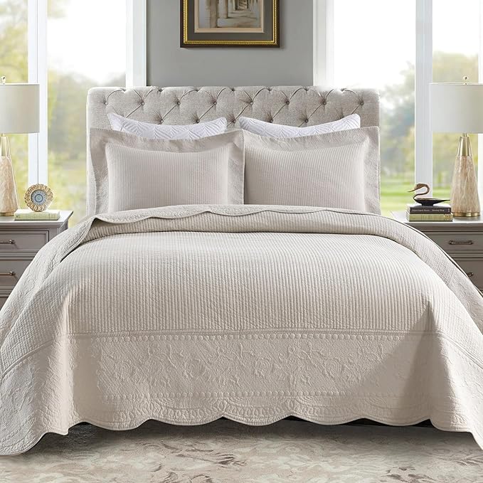MarCielo 3-Piece 100% Cotton Oversized Bedspread Lightweight Quilt Coverlet Embroidery Farmhouse Bedding Set (TG Cream, Oversized Queen (100"x106"))