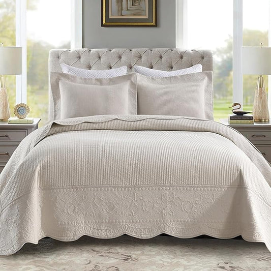 MarCielo 3-Piece 100% Cotton Oversized Bedspread Lightweight Quilt Coverlet Embroidery Farmhouse Bedding Set (TG Cream, Oversized Queen (100"x106"))