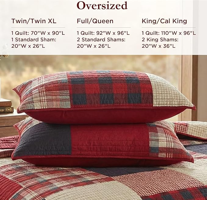 Woolrich Sunset Reversible Quilt Set - Cottage Styling Reversed to Solid Color, All Season Lightweight Coverlet, Cozy Bedding Layer, Matching Shams, Oversized King/Cal King, Plaid Red 3 Piece